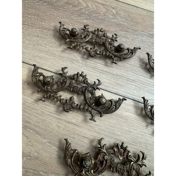 5 Antique French Provencial Brass Drawer Backplates Ornate Rococo Hardware READ - Picture 2 of 9